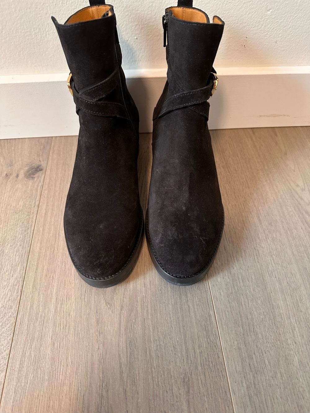 Women's Black Suede Ankle Booties with Side Buckle